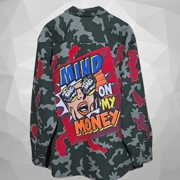 Upcycled Jackets & Blazers - Edgy Upcycled Camo Jacket with Graphic Design